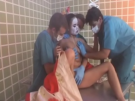 Three dissolute studs change into medical clothing to poke young newcomer geisha  Annie Cruz in the masseuse