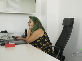 Innocent office worker and chubby girl Manila Bey plays with her pussy